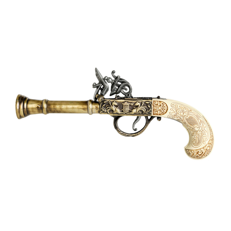 Gold 18th century flintlock pistol replica with rococo details pointing left
