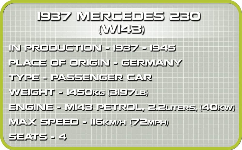 1937 Mercedes 230 WWII model fact sheet