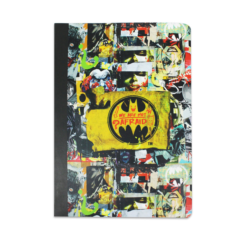 Batman villians notebook front cover. The design is busy, made of images of the villains in a street art design. In the center is a yellow and black batman logo with the words 'we are not afraid' written in it.