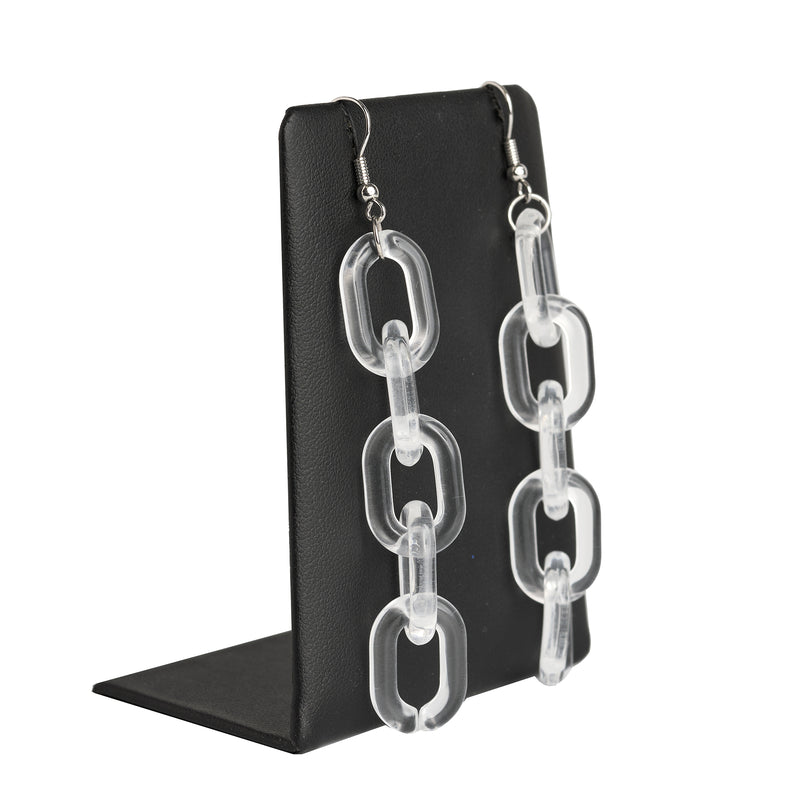 Clear tranparent acylic chain dangly earring on black display stand front side view