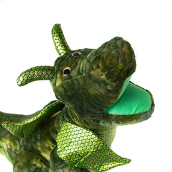 Plush green dragon puppet- close up of head and face