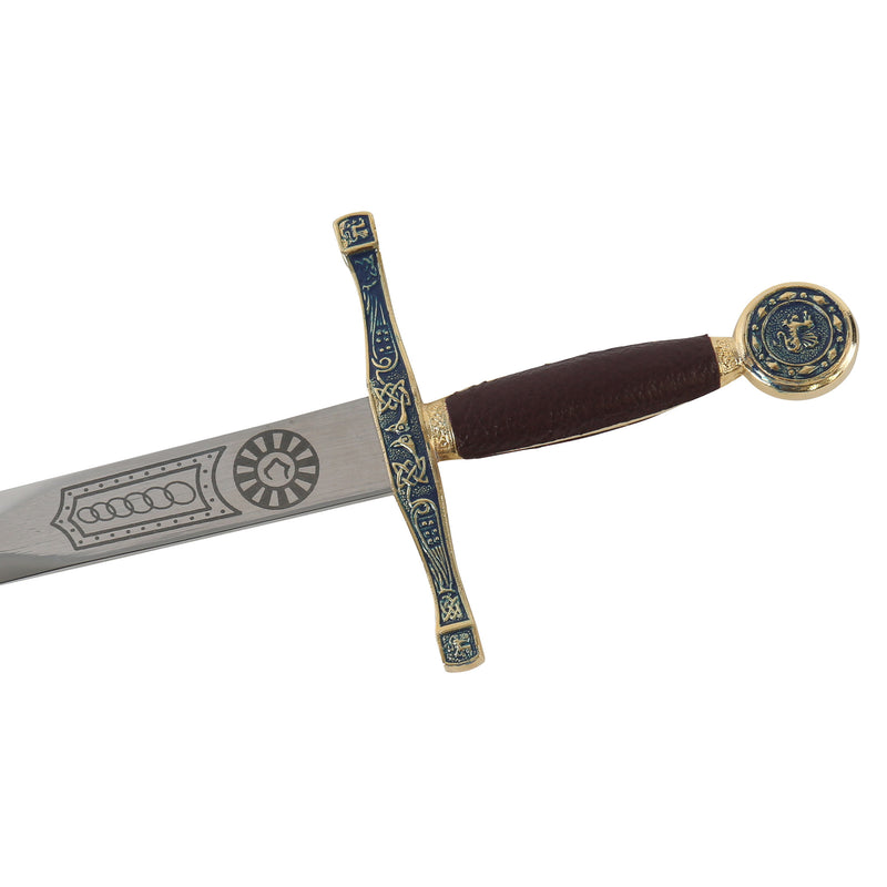 Excalibur mini sword letter opener hilt pommel and crossguard angled