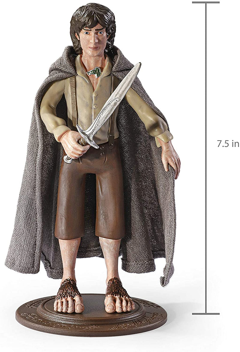 Frodo Baggins Bendyfig next to straight line lablled 7.5 inches