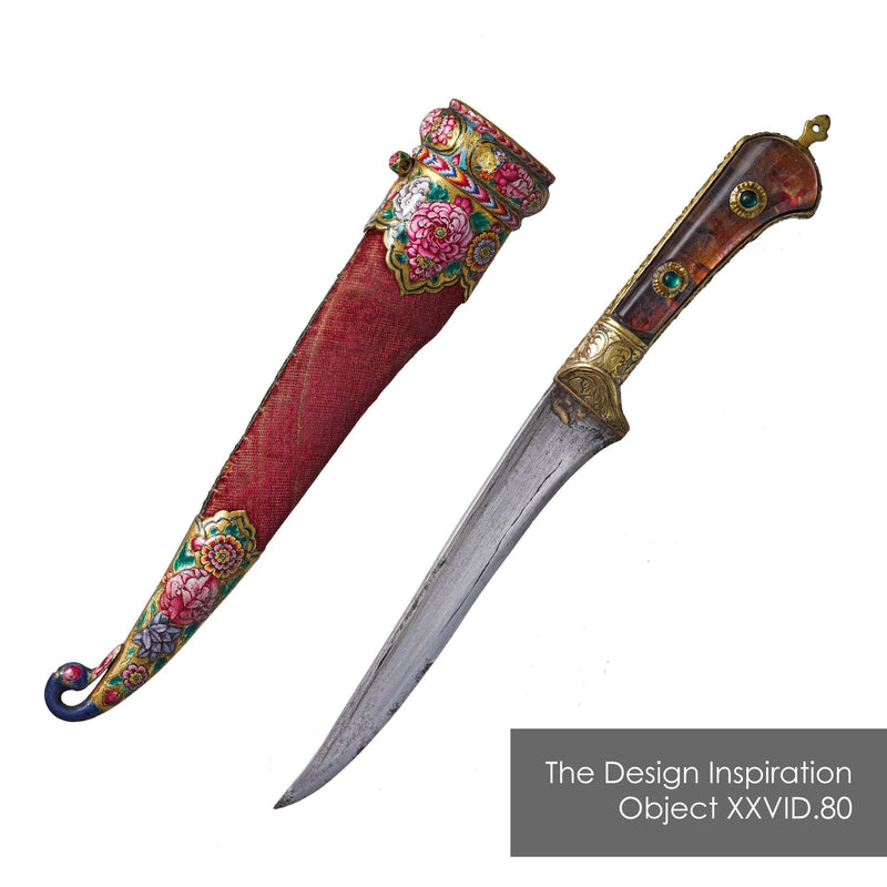 Royal Armouries Collection Object XXVID.80 - Indian Dagger - Ornate dagger with jewelled handle and vibrant floral scabbard