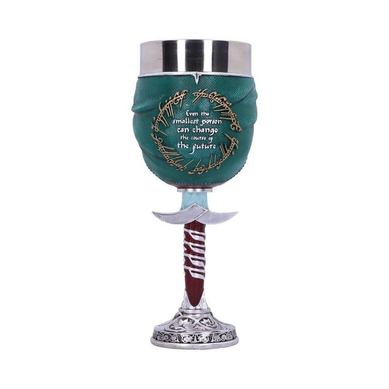 Lord of the Rings Frodo Goblet  back view. The is text on the back of Frodo's cape reading 'even the smallest person can change the course of the future'