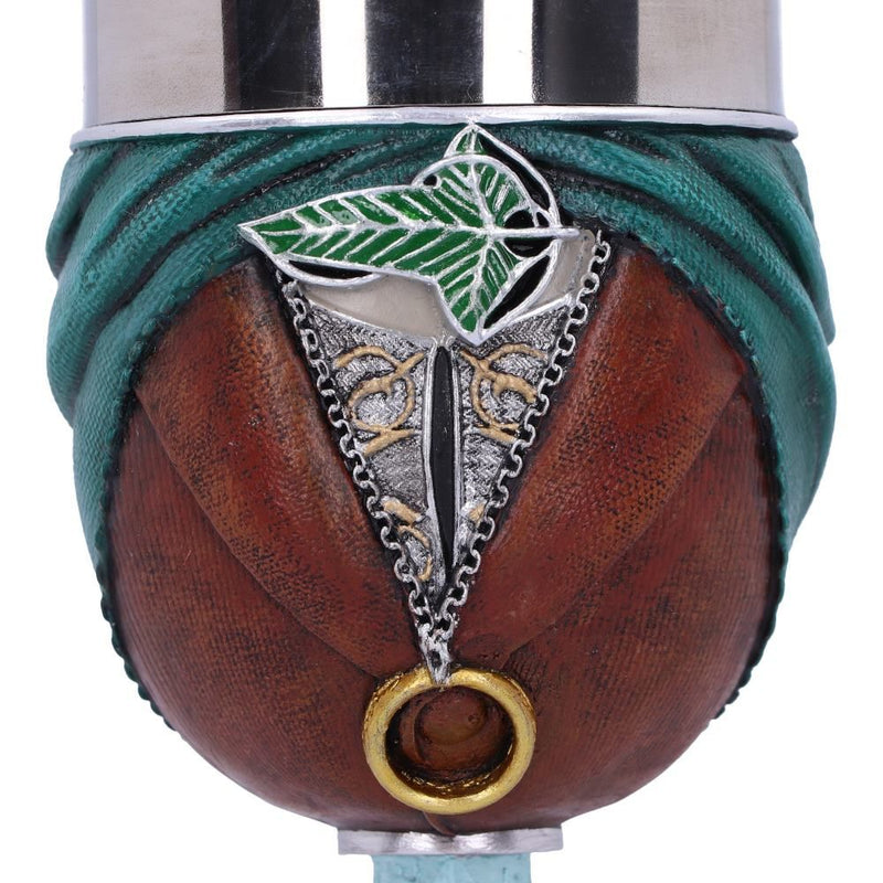 Lord of the Rings Frodo Goblet front view. close up detail of the goblet bulb showing green cape, brown waistcoat, the one ring hanging from the neck and a leaf brooch