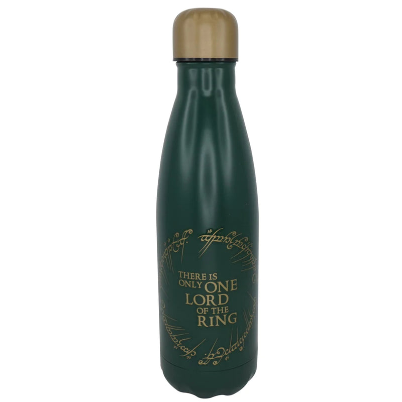 back view of a forest green metal water bottle with a gold lid. 'there is only one lord of the ring' is written and gold and around the text is the elvish one ring inscription.