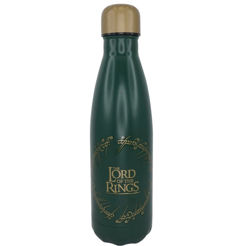 front view of a forest green metal water bottle with a gold lid. 'Lord of the rings' is written and gold and around the text is the elvish one ring inscription.