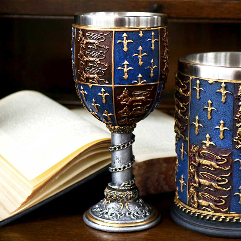 Navy and Burgundy Medieval Goblet displayed on wooden table with an open tome