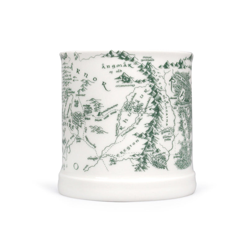 Front view of white ceramic mug with a map of middle earth printed in green.