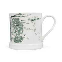 Side view of a white ceramic mug with a green map of middle earth printed on it.