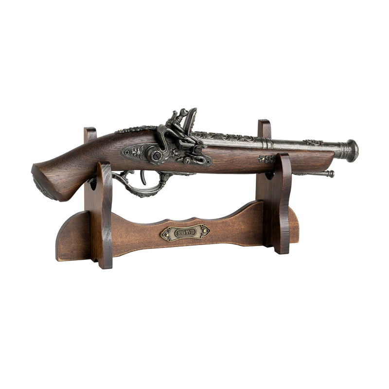 wooden one-gun replica flintlock pistol stand - front/side angle with gun
