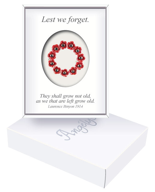 Poppy wreath enamel brooch in branded packaging