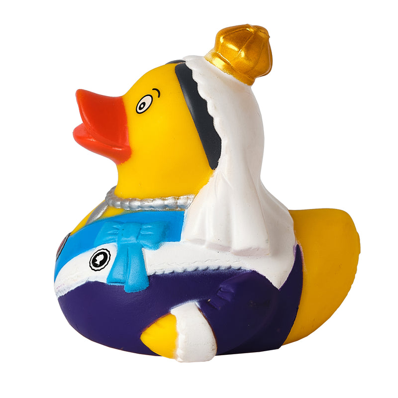 Yellow Rubber duck dressed like queen victoria left side profile