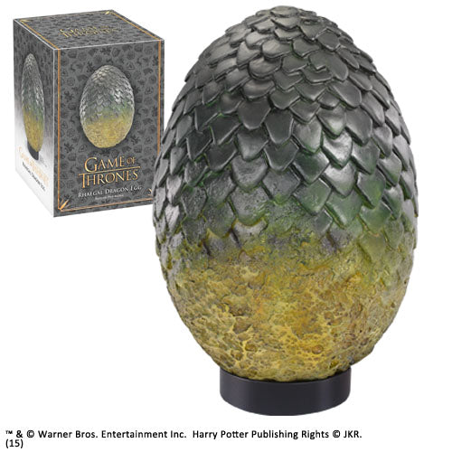 Rhaegal's dragon egg on black stand next to branded packaging
