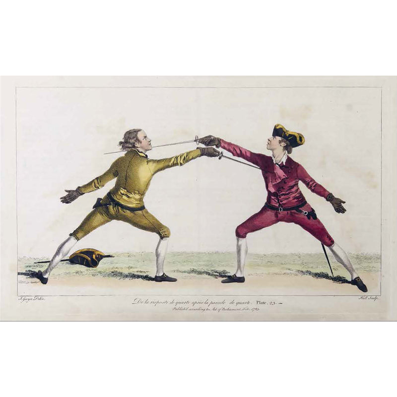 The School of Fencing: A Facsimile of Domenico Angelo’s 1765 Edition' fencers in yellow and red jackets illustration