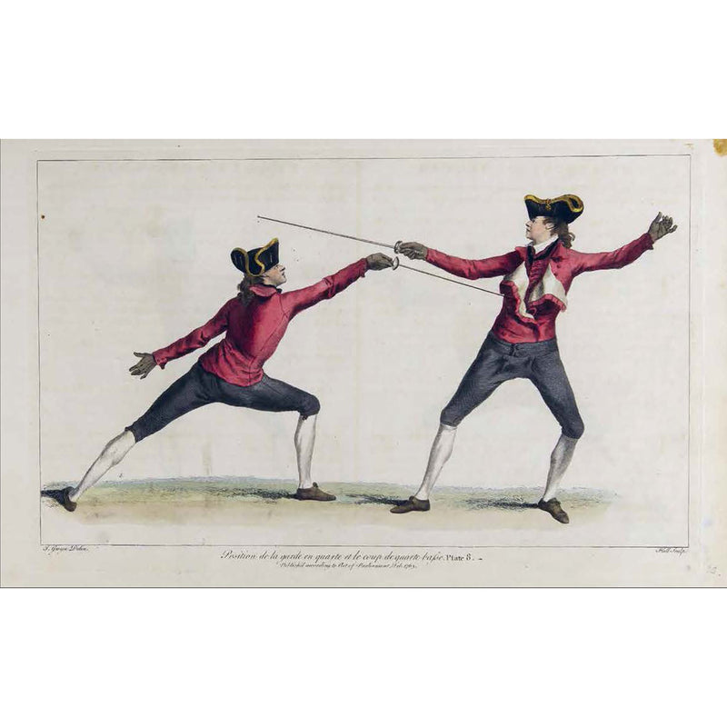 The School of Fencing: A Facsimile of Domenico Angelo’s 1765 Edition' fencers in red jackets illustration
