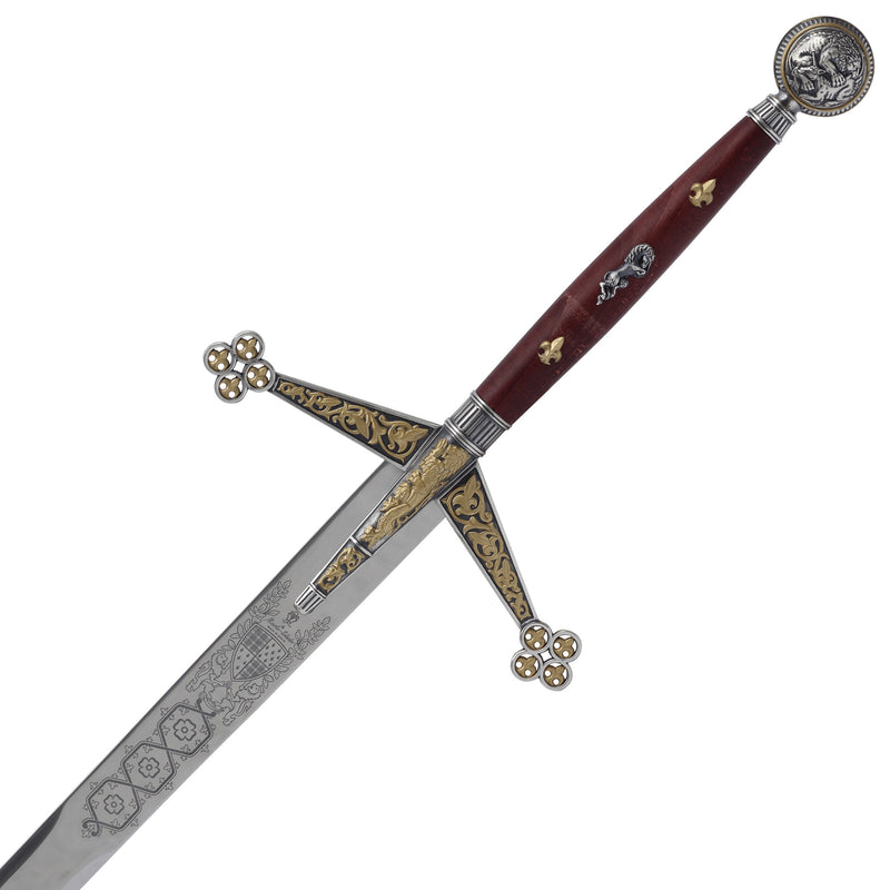 Scottish Claymore Sword replica hilt, crossguard, and pommel detail at an angle