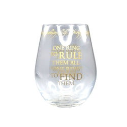 Front view of decorative stemless bulbed glass. The words 'one ring to rule them all, one ring to find them' is written in gold, and the one ring elvish script is written around the rim in gold.