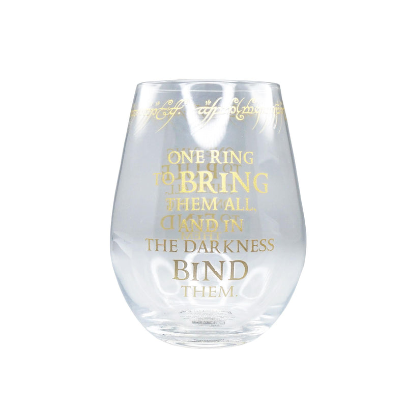 Back view of decorative stemless bulbed glass. The words 'one ring to bring them all, one ring to bind them' is written in gold, and the one ring elvish script is written around the rim in gold.