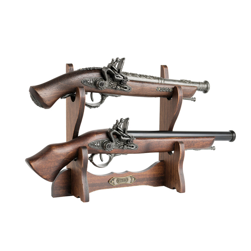 Wooden two pistol replica display stand - display example with flintlocks