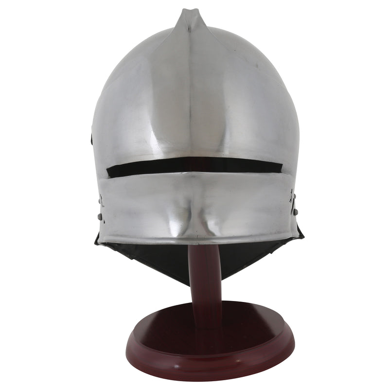 Gothic sallet helmet replica on dark wood display stand front view