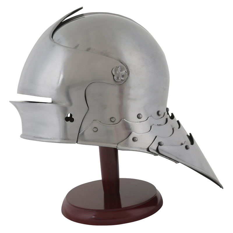 Gothic sallet helmet replica on dark wood display stand left side profile