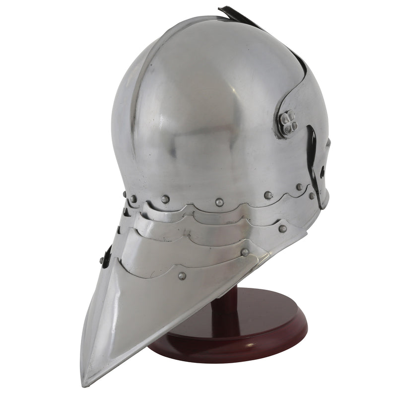 Gothic sallet helmet replica on dark wood display stand back right side view