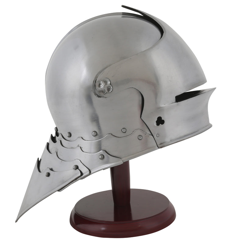 Gothic sallet helmet replica on dark wood display stand right side profile