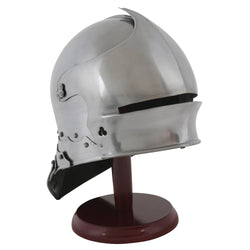 Gothic sallet helmet replica on dark wood display stand right side view