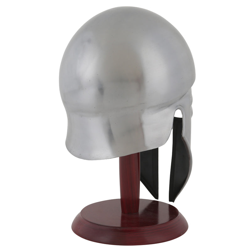 Greek corinthian helmet on wooden display stand back right view