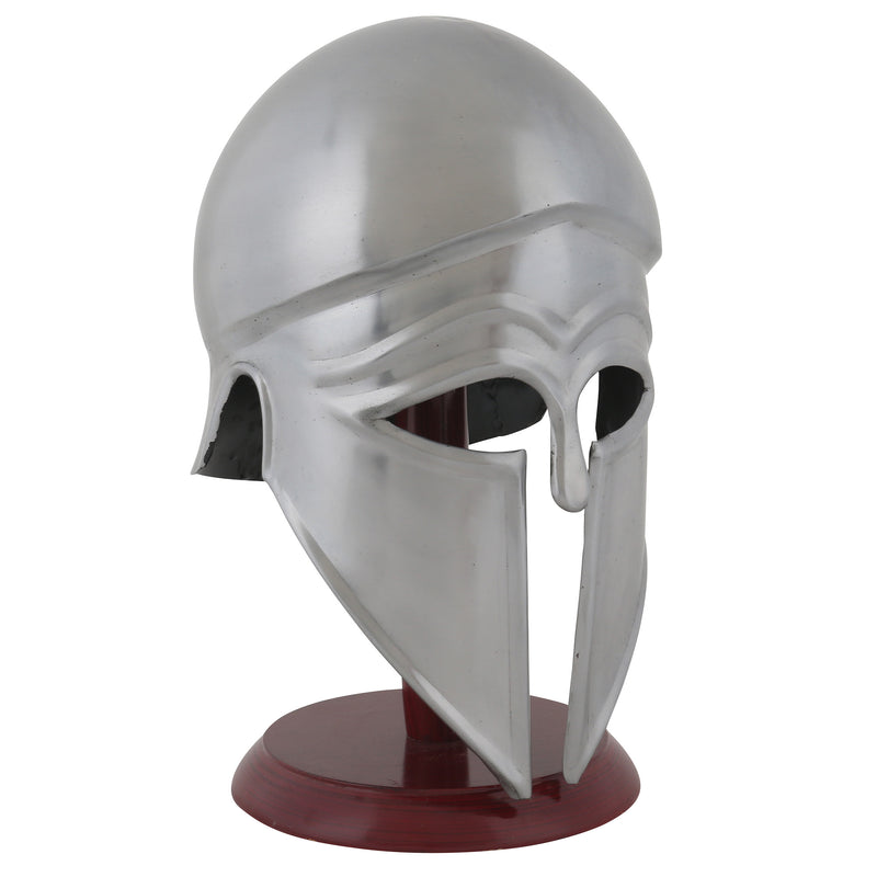 Greek corinthian helmet on wooden display stand front right view