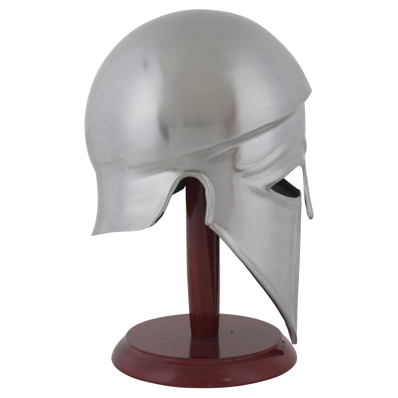 Greek corinthian helmet on wooden display stand right side view