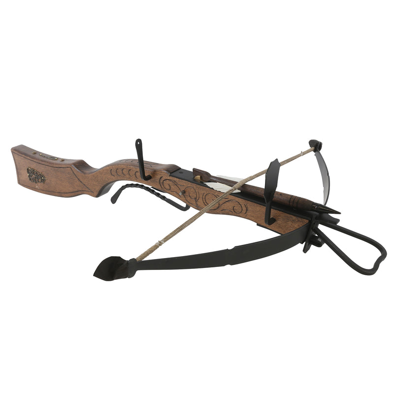 Wooden heavy gun-shaped crossbow and bolt front right view