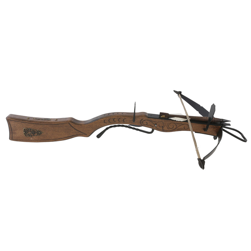 Wooden heavy gun-shaped crossbow and bolt right side view above