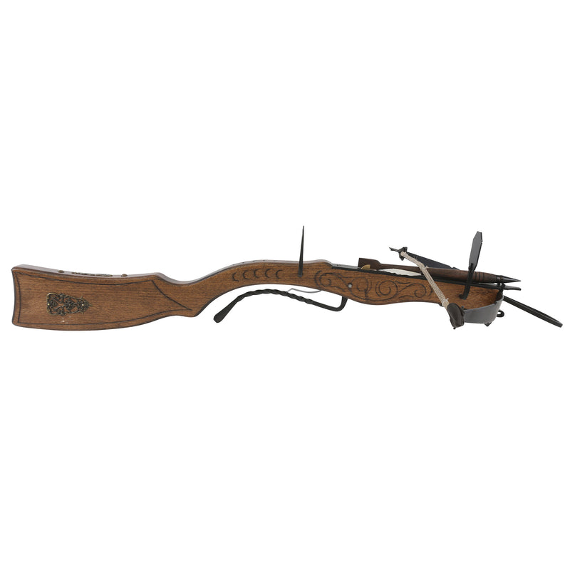 Wooden heavy gun-shaped crossbow and bolt right side view