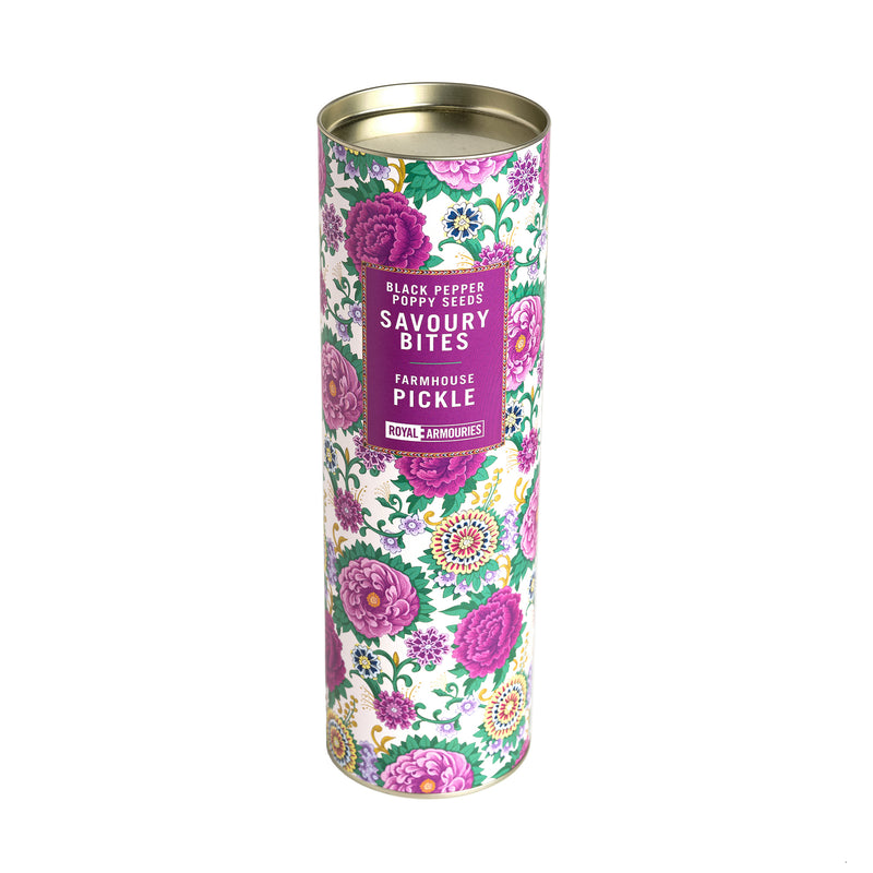 Indian dagger collection black pepper and poppy seed savoury bites with small jar of farmhouse pickle in floral tube with gold metal lid