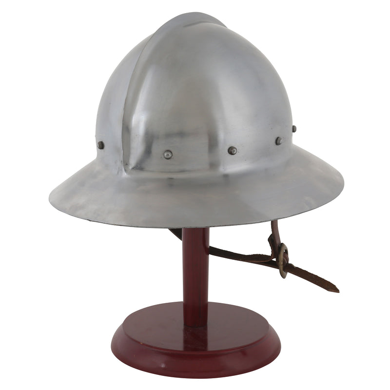 Kettle hat helmet on wooden display stand back right view
