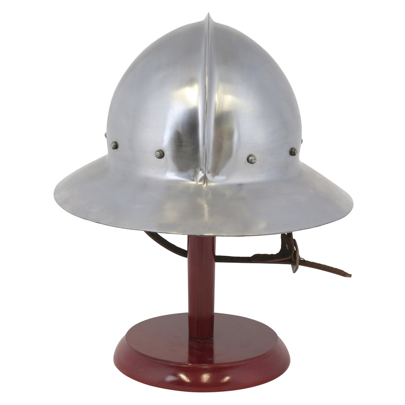 Kettle hat helmet on wooden display stand back view