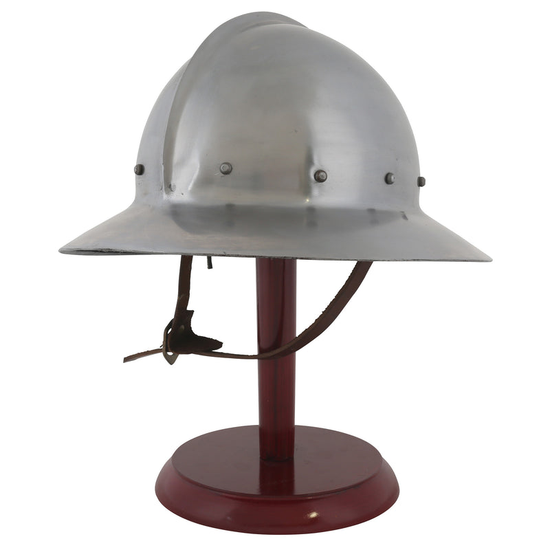 Kettle hat helmet on wooden display stand front left profile