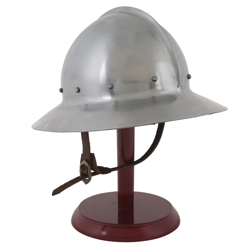 Kettle hat helmet on wooden display stand front right view