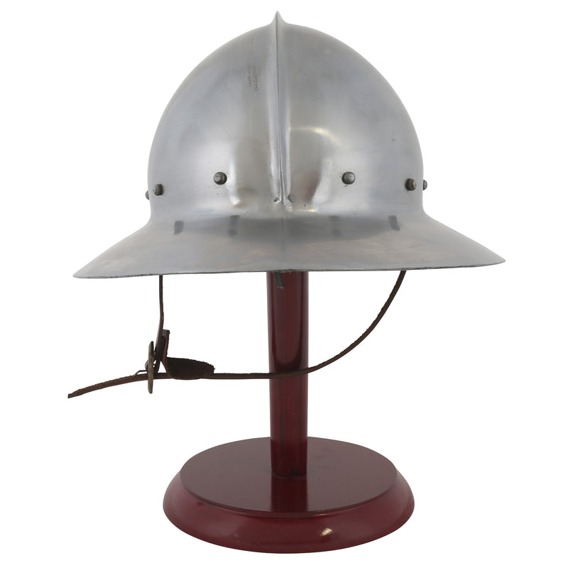 Kettle hat helmet on wooden display stand front view