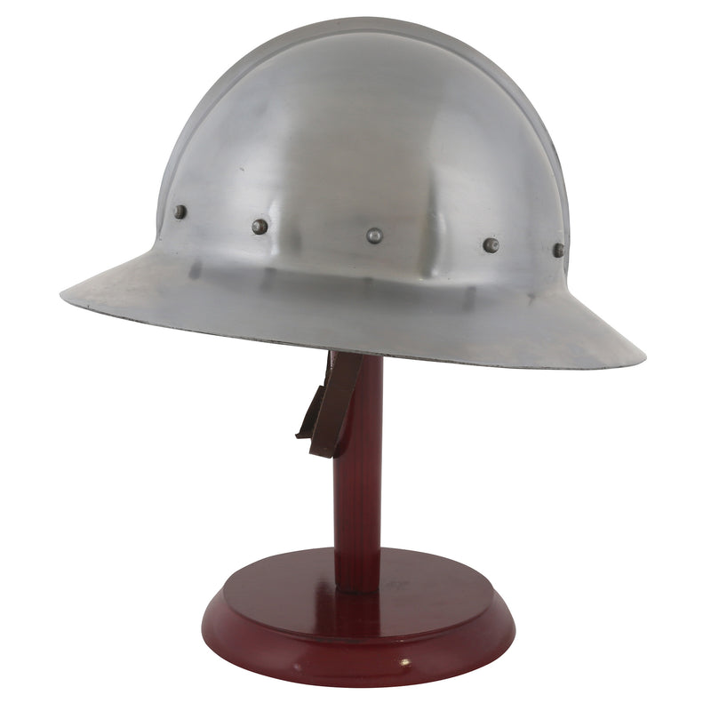 Kettle hat helmet on wooden display stand left profile