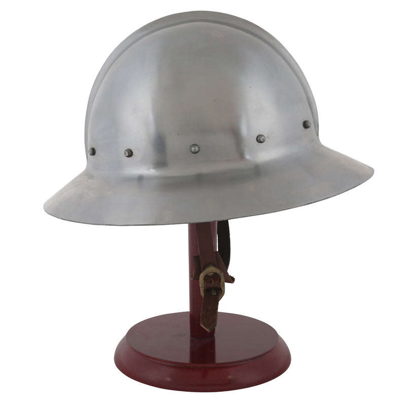 Kettle hat helmet on wooden display stand right profile