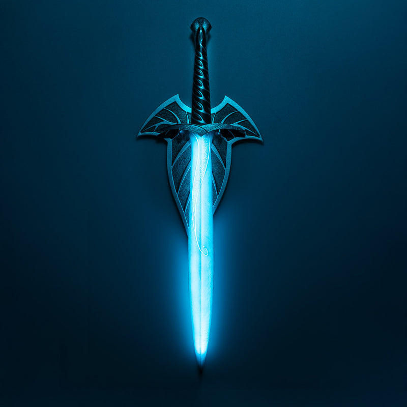Decorative sword with glowing blue blade on a dark background