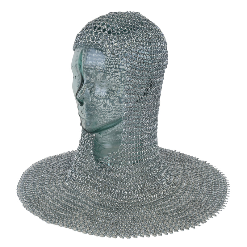 Square face mail armour coif on glass mannequin head front left view