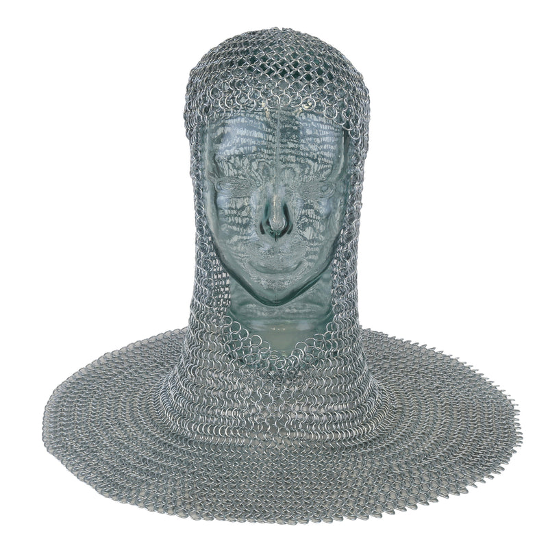 Square face mail armour coif on glass mannequin head front view