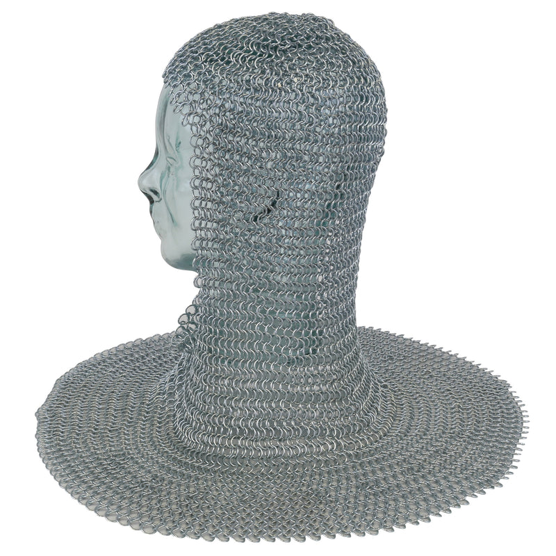 Square face mail armour coif on glass mannequin head left side profile