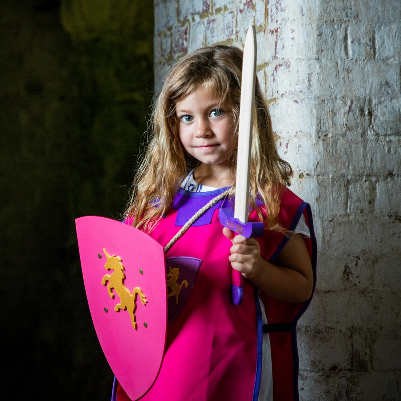 child wearing Children's medieval tabard in pink and purple