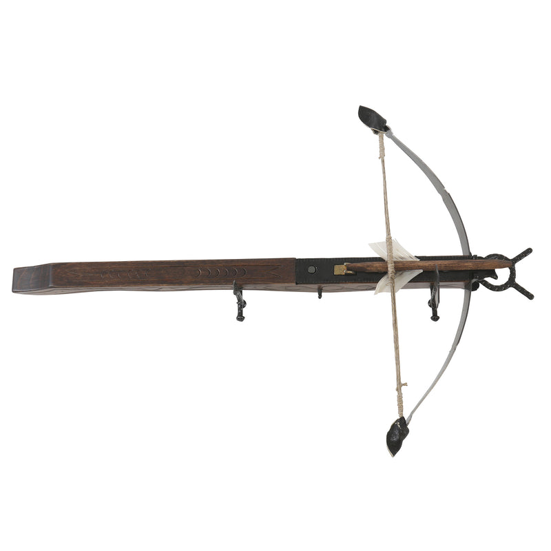 Wooden mini European crossbow with bolt top down view